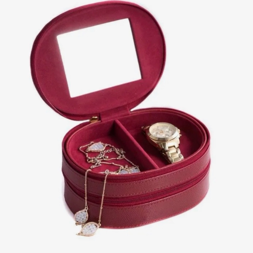 Bey- Berk Compact Travel Jewelry Case in Burgundy with Mirror